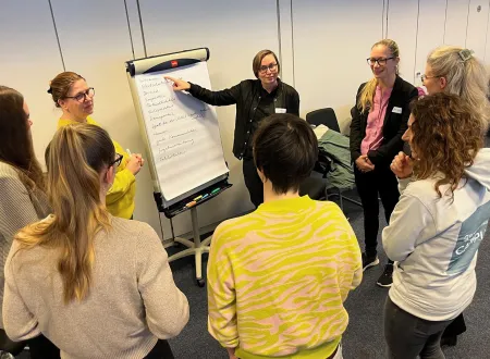 Teilnehmende stehen um ein ausgefülltes Flippchart